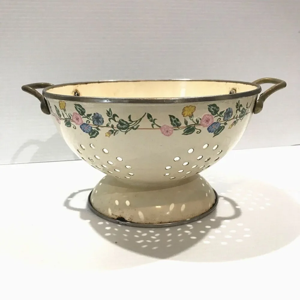 Rustic Primitive Vintage White Enamel Collander Floral Print Accent Brass Handle